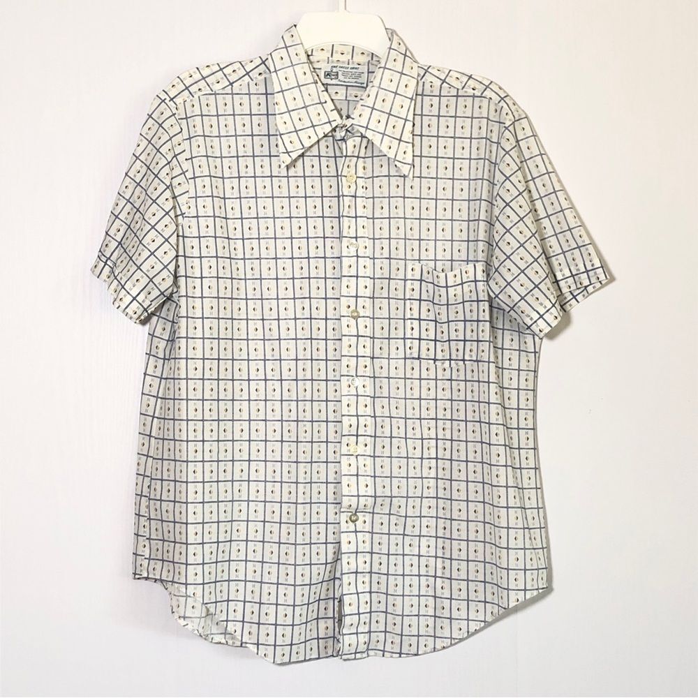Kmart Shirt Mens XL White Vintage 70s Pointed Collar Button Up Geometric Check
